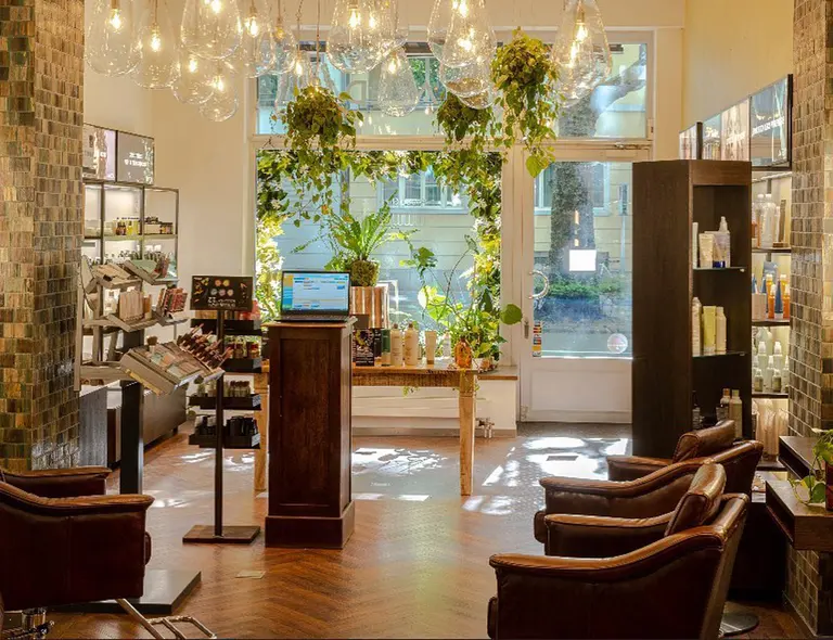 Chandelier, hanging plants and lit product shelves at the Aveda Exclusive Salon in Zurich Enge